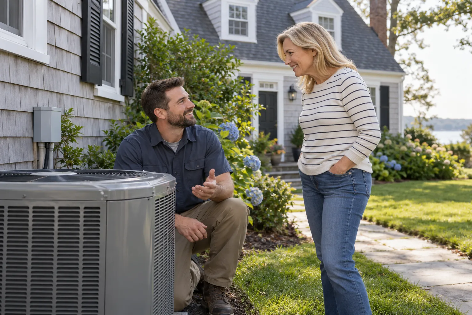 A homeowner talking with a friendly HVAC provider beside an outdoor AC unit at a home in Buffalo